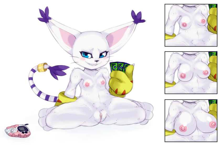 big_breasts big_ears black_nose blue_eyes blush breast_expansion breasts card claws clothing digimon digivice ear_tuft fangs feline female flat_chested fur gatomon gloves grin huge_breasts long_tail looking_at_viewer mammal matospectoru nipples pussy simple_background small_breasts smile solo tail_ring teeth thumbs_up tuft whiskers white_background white_fur