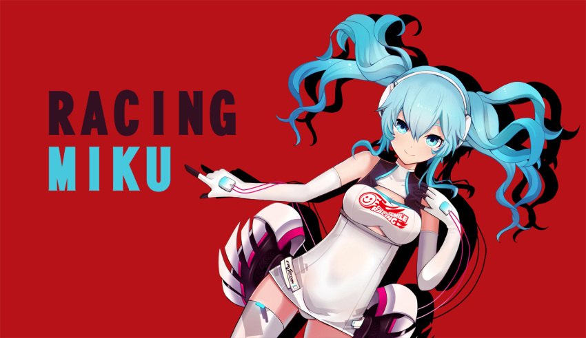 bangs blue_eyes blue_hair breasts character_name closed_mouth commentary_request dutch_angle elbow_gloves floating_hair gloves hair_between_eyes hand_up hatsune_miku headphones highres long_hair maodouzi medium_breasts one-piece_swimsuit racing_miku red_background smile solo swimsuit thighhighs twintails vocaloid white_gloves white_legwear white_swimsuit