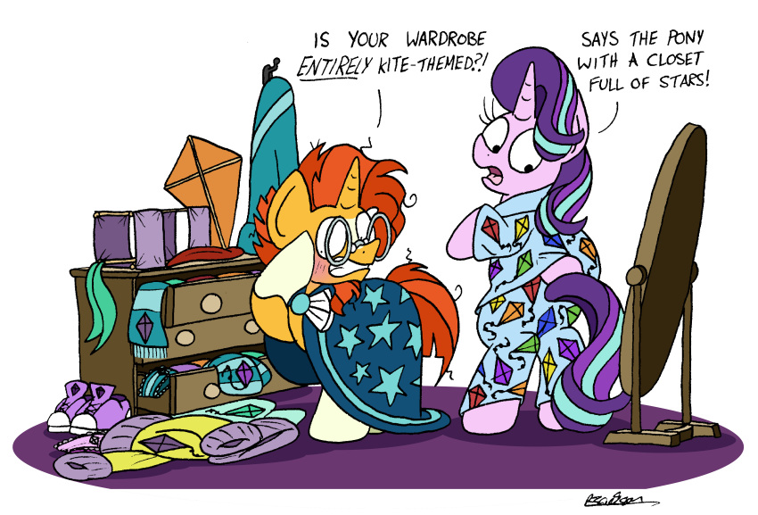 2018 bobthedalek clothed clothing dialogue english_text equine eyewear female feral friendship_is_magic furniture glasses horn kite male mammal my_little_pony simple_background starlight_glimmer_(mlp) sunburst_(mlp) text unicorn white_background