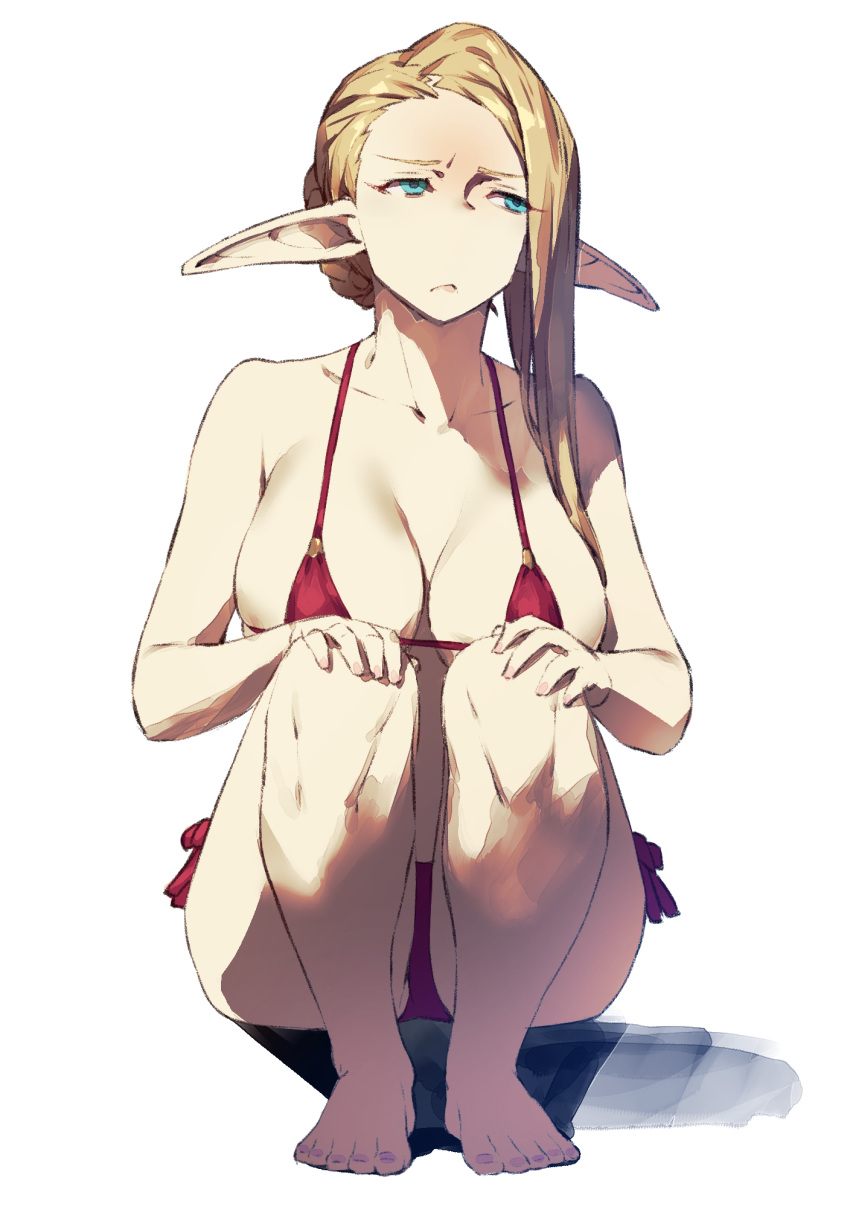 bare_arms bare_legs barefoot bikini blonde_hair blue_eyes braid breasts closed_mouth collarbone commentary_request cozy elf full_body halter_top halterneck hands_on_own_knees highres knees_up large_breasts long_hair looking_away original pointy_ears red_bikini shadow side-tie_bikini side-tie_bottom simple_background sitting solo swimsuit white_background