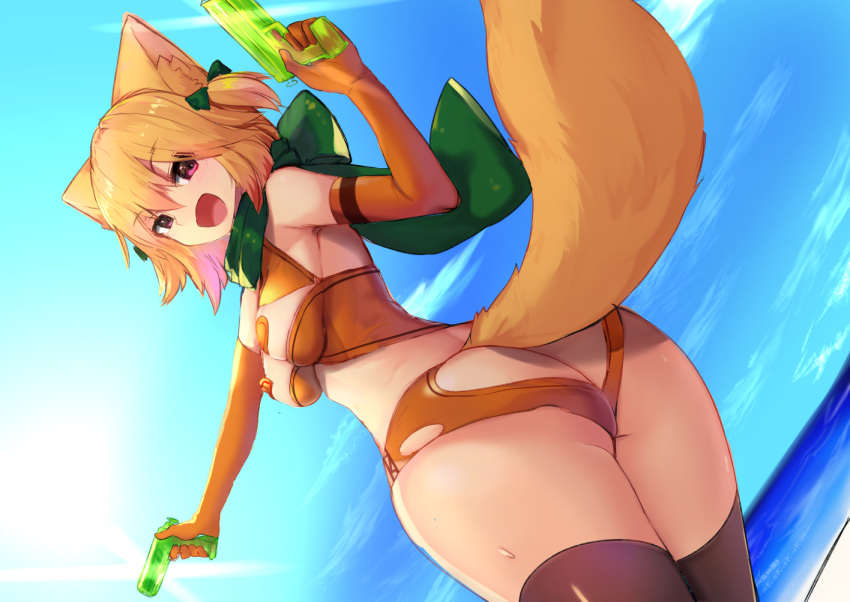 animal_ears ass ass_cutout blue_sky bow breasts day dutch_angle elbow_gloves eyebrows_visible_through_hair fox_ears fox_tail from_behind gloves haik long_hair looking_at_viewer looking_back medium_breasts open_mouth orange_hair original red_eyes sky solo tail thighhighs water_gun