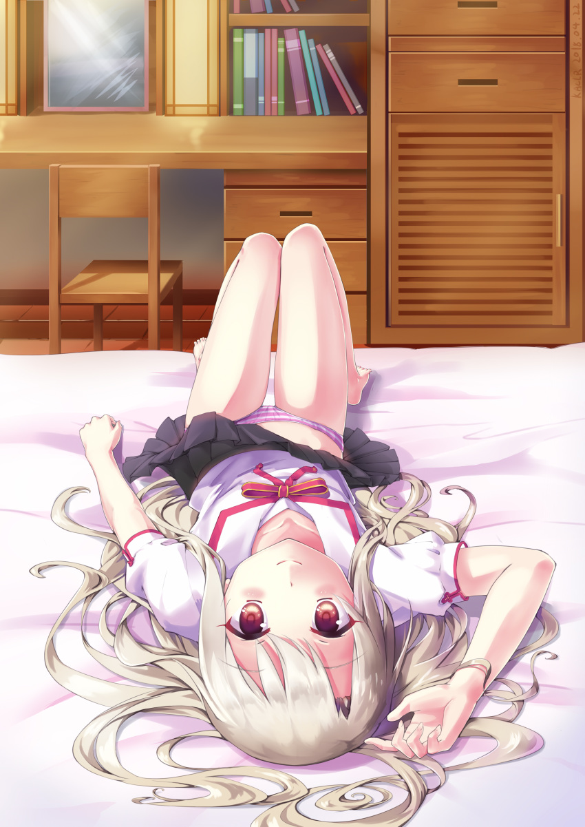 absurdres barefoot black_skirt blonde_hair chair collarbone commentary eyebrows_visible_through_hair fate/kaleid_liner_prisma_illya fate_(series) hair_spread_out highres homurahara_academy_uniform illyasviel_von_einzbern indoors kaclr long_hair looking_at_viewer lying on_back on_bed panties pleated_skirt puffy_short_sleeves puffy_sleeves red_eyes school_uniform short_sleeves skirt skirt_lift smile solo striped striped_panties underwear upside-down
