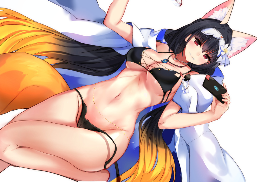 animal_ears bangs bare_legs bikini black_bikini black_hair blonde_hair breasts cellphone cleavage collarbone commentary_request dutch_angle fate/grand_order fate_(series) feet_out_of_frame flower fox_ears fox_girl fox_tail glasses gradient_hair groin haik hair_bobbles hair_flower hair_ornament hairband highres holding holding_phone jewelry lady_foxy large_breasts leg_up long_hair looking_at_viewer low_twintails magatama_necklace multicolored_hair navel nervous_smile open_clothes osakabe-hime_(fate/grand_order) parted_lips pendant phone pom_pom_(clothes) red_eyes side-tie_bikini simple_background smartphone solo standing standing_on_one_leg swimsuit tail taking_picture twintails underboob untied untied_bikini very_long_hair white_background white_hairband
