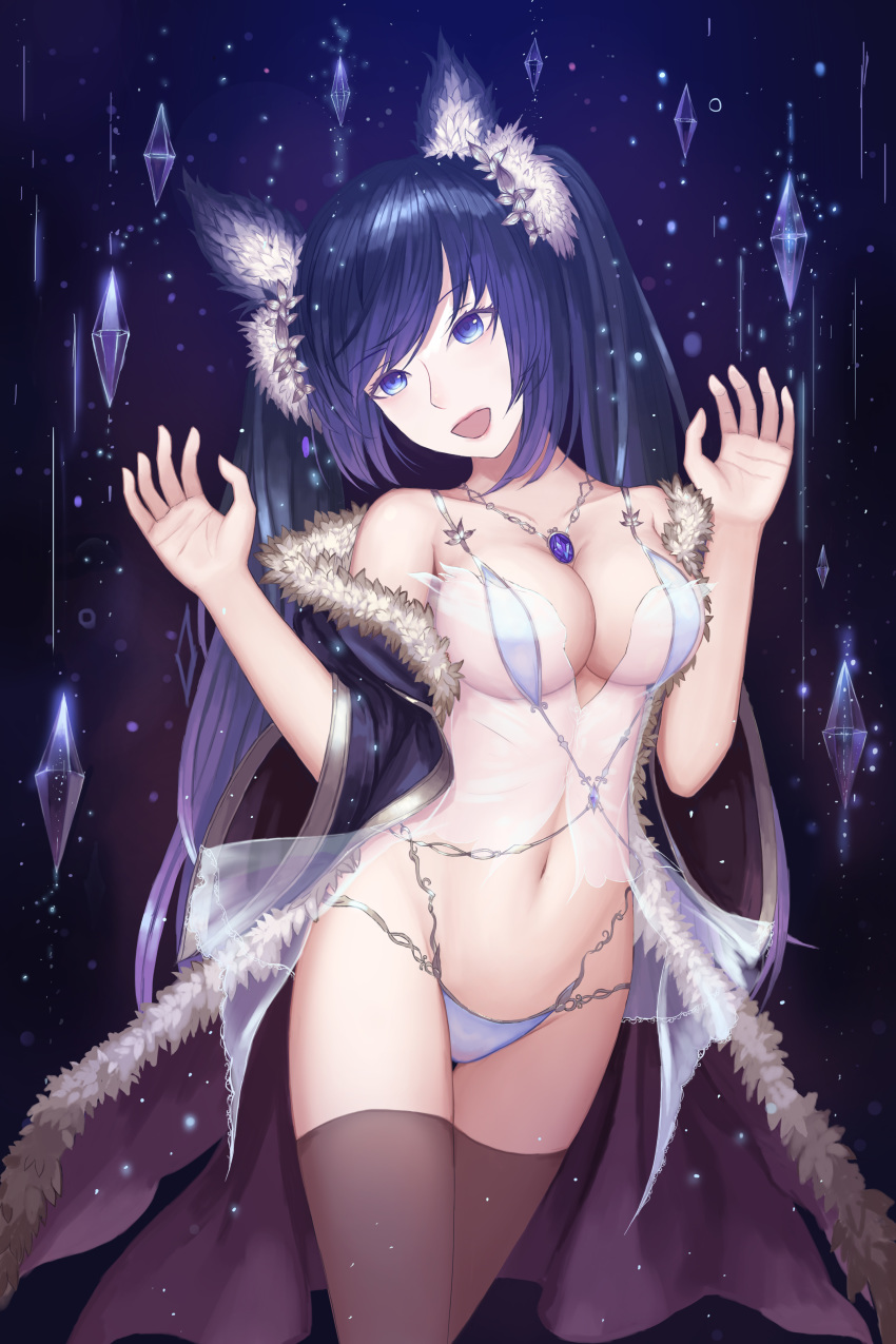:d absurdres animal_ears bikini blue_eyes blue_hair breasts brown_legwear cat_ears cat_girl cleavage commentary_request crystal detached_sleeves hands_up highres jewelry looking_at_viewer medium_breasts micro_bikini navel necklace open_mouth original rinmmo see-through silver_trim smile swimsuit thighhighs white_bikini wide_sleeves