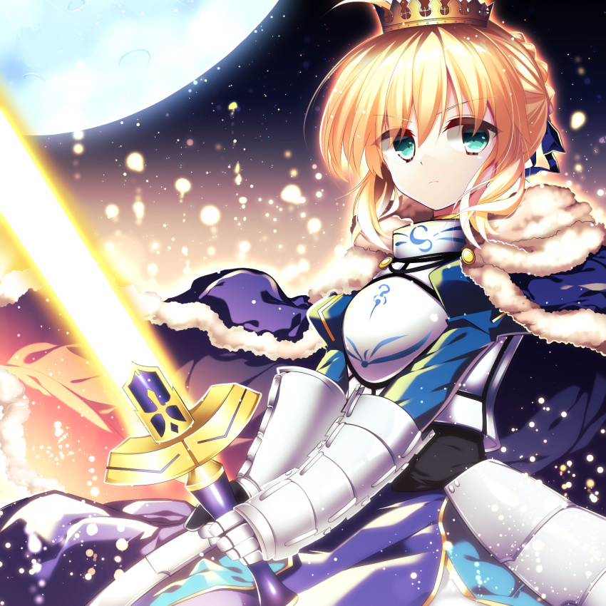 aqua_eyes armor armored_dress artoria_pendragon_(all) blonde_hair blue_cape blue_ribbon cape crown excalibur eyebrows_visible_through_hair fate/stay_night fate_(series) full_moon fur_trim gauntlets hair_between_eyes hair_ribbon highres holding holding_sword holding_weapon kozue1120 looking_at_viewer moon ribbon saber short_hair sidelocks solo sword weapon