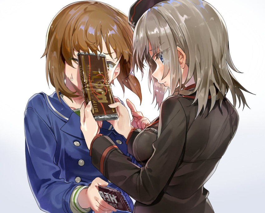 bangs black_hat black_jacket blouse blue_coat blue_eyes brown_eyes brown_hair chocolate_bar closed_mouth commentary_request eyebrows_visible_through_hair eyes_visible_through_hair frown garrison_cap girls_und_panzer giving gradient gradient_background grey_background hat hershey's hitting in_the_face itsumi_erika jacket kuromorimine_military_uniform lips logo long_hair long_sleeves looking_at_another military military_hat military_uniform multiple_girls nishizumi_miho one_eye_closed ooarai_school_uniform sailor_collar school_uniform short_hair silver_hair single_stripe standing uniform upper_body valentine veerinly white_blouse winter_uniform