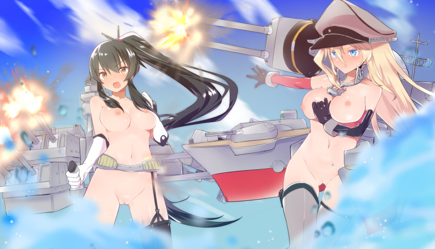bare_shoulders bismarck_(kantai_collection) black_gloves black_hair blonde_hair blue_eyes blue_sky blush breasts caburi caburi_aki closed_mouth cloud cloudy_sky collarbone day elbow_gloves eyebrows_visible_through_hair gloves gluteal_fold hair_between_eyes hat kantai_collection legs_apart long_hair machinery medium_breasts navel nipples nude open_mouth outdoors pussy shiny shiny_skin single_thighhigh sky tears thighhighs uncensored v-shaped_eyebrows weapon white_gloves yahagi_(kantai_collection)