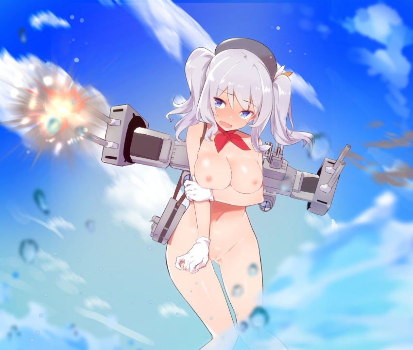 1girl blue_eyes blue_sky blush breasts caburi caburi_aki cloud cloudy_sky embarrassed eyebrows_visible_through_hair female gloves gluteal_fold kantai_collection kashima_(kantai_collection) machinery navel nipples open_mouth outdoors pussy silver_hair sky solo twintails water weapon white_gloves