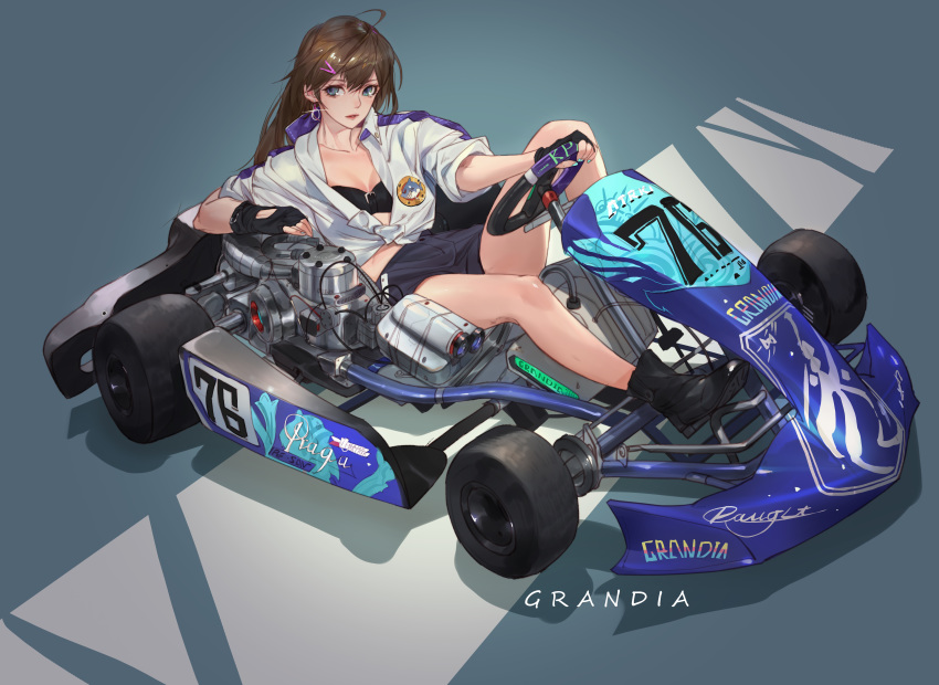 absurdres ahoge artist_name blue_eyes breasts cleavage collarbone earrings engine fingerless_gloves gloves go_kart grandialee hair_ornament hairclip highres jacket jewelry lips long_hair looking_to_the_side original shorts sitting solo