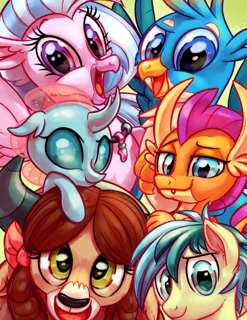 2018 absurd_res avian beak blue_eyes blue_feathers blue_hair bovine brown_hair bust_portrait changeling claws cute cute_fangs dragon earth_pony equine eyebrows eyelashes fangs feathered_wings feathers female feral floppy_ears friendship_is_magic gallus_(mlp) green_eyes group gryphon hair hair_bow hair_ribbon hi_res hippogryph hooves horn horse jewelry looking_at_viewer male mammal my_little_pony necklace ocellus_(mlp) open_mouth open_smile pink_feathers pony portrait purple_eyes ribbons sandbar_(mlp) scalie silverstream_(mlp) smile smolder_(mlp) teal_eyes teal_hair tongue whitediamonds wings yak yona_(mlp)