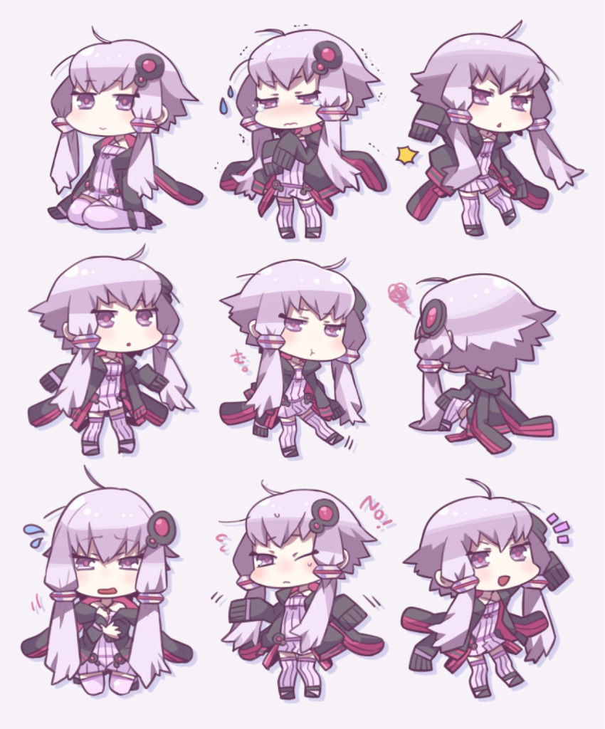 :o :t ahoge bangs black_jacket chibi dress eyebrows_visible_through_hair highres hood hood_down hooded_jacket jacket long_hair long_sleeves motion_lines no_nose open_clothes open_jacket open_mouth purple_dress purple_eyes purple_hair purple_legwear shigetake_(buroira) short_hair_with_long_locks sidelocks silhouette simple_background sleeves_past_fingers sleeves_past_wrists smile solo squiggle sweatdrop thighhighs trembling triangle_mouth vocaloid voiceroid white_background yuzuki_yukari zettai_ryouiki
