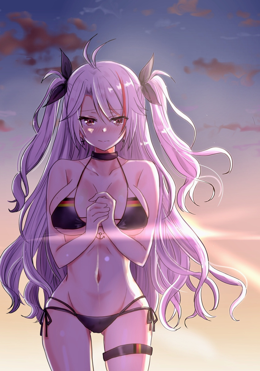 antenna_hair ass_visible_through_thighs azur_lane bad_anatomy bad_id bad_pixiv_id bangs bare_shoulders bikini black_bikini black_ribbon blush breasts brown_eyes choker closed_mouth collarbone commentary_request cowboy_shot cross cross_earrings earrings embarrassed eyebrows_visible_through_hair flag_print gb2ywjba2kp1o69 german_flag_bikini groin hair_between_eyes hands_together highres iron_cross jewelry large_breasts long_hair looking_at_viewer mole mole_on_breast multicolored_hair navel prinz_eugen_(azur_lane) red_hair ribbon side-tie_bikini sidelocks silver_hair skindentation smile solo standing stomach streaked_hair sunset swimsuit thigh_strap two_side_up very_long_hair