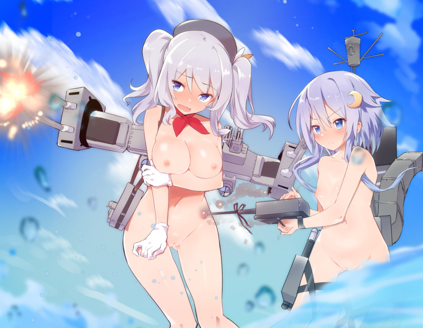 2girls blue_eyes blue_sky blush breasts caburi caburi_aki closed_mouth cloud cloudy_sky collarbone crescent crescent_hair_ornament day embarrassed eyebrows_visible_through_hair female flat_chest gloves gluteal_fold hair_between_eyes hair_ornament kantai_collection kashima_(kantai_collection) long_hair machinery multiple_girls navel nipples open_mouth outdoors purple_hair pussy silver_hair sky twintails uncensored v-shaped_eyebrows water weapon white_gloves yayoi_(kantai_collection)