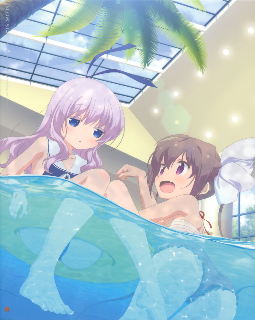 afloat artist_request ass bikini blue_eyes blue_sky breasts brown_hair cloud colored_eyelashes day eyebrows_visible_through_hair fang feet frilled_bikini frills hair_ribbon highres indoors innertube lights momochi_tamate multiple_girls official_art open_mouth palm_tree partially_underwater_shot pool purple_eyes purple_hair ribbon sailor_bikini sailor_collar scan sengoku_kamuri sitting sky skylight slow_start small_breasts smile standing swimming swimsuit tree underwater wet window