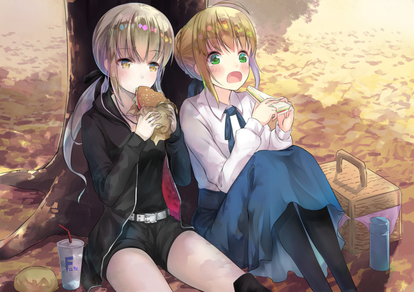 against_tree ahoge artoria_pendragon_(all) basket black_jacket black_legwear black_ribbon black_shirt black_shorts blonde_hair blue_ribbon blue_skirt blush collarbone copyright_name day eyebrows_visible_through_hair fate/grand_order fate_(series) food green_eyes hair_ribbon hamburger highres holding holding_food hood hooded_jacket jacket jewelry long_skirt multiple_girls neck_ribbon necklace open_clothes open_jacket open_mouth outdoors pantyhose ponytail ranmaruuuu00 ribbon saber saber_alter sandwich shirt short_hair short_shorts shorts sidelocks sitting skirt tree white_shirt yellow_eyes