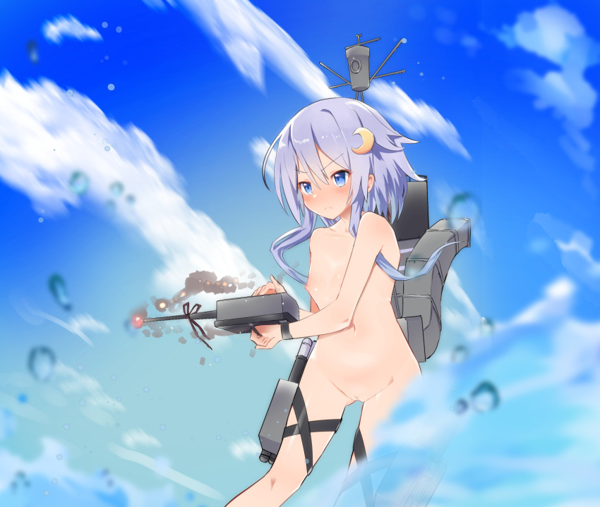 1girl blue_eyes caburi caburi_aki closed_mouth cloud cloudy_sky collarbone crescent crescent_hair_ornament day female flat_chest hair_between_eyes hair_ornament kantai_collection long_hair nipples outdoors purple_hair pussy sky solo uncensored v-shaped_eyebrows water weapon yayoi_(kantai_collection)