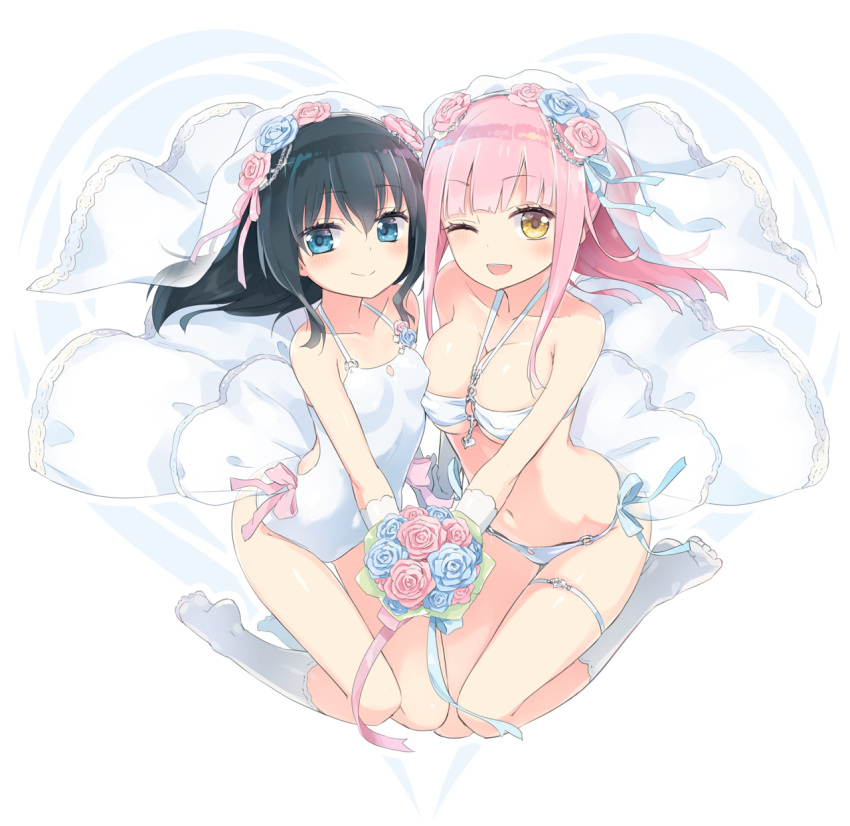 ;d bangs bikini black_hair blue_eyes blue_flower blue_ribbon blush breasts chloe_withers cleavage closed_mouth collarbone commentary_request covered_nipples dress eyebrows_visible_through_hair flower full_body gloves hair_flower hair_ornament halterneck heart highres holding_hands homura_subaru kneehighs lillian_ljungstrom long_hair looking_at_viewer medium_breasts multiple_girls navel necktie no_shoes o-ring o-ring_bikini o-ring_bottom o-ring_swimsuit o-ring_top one_eye_closed open_mouth original pink_flower pink_ribbon ribbon see-through seiza sitting small_breasts smile swimsuit thigh_strap upper_teeth veil wedding_dress white_bikini white_gloves white_legwear white_swimsuit yellow_eyes yuri