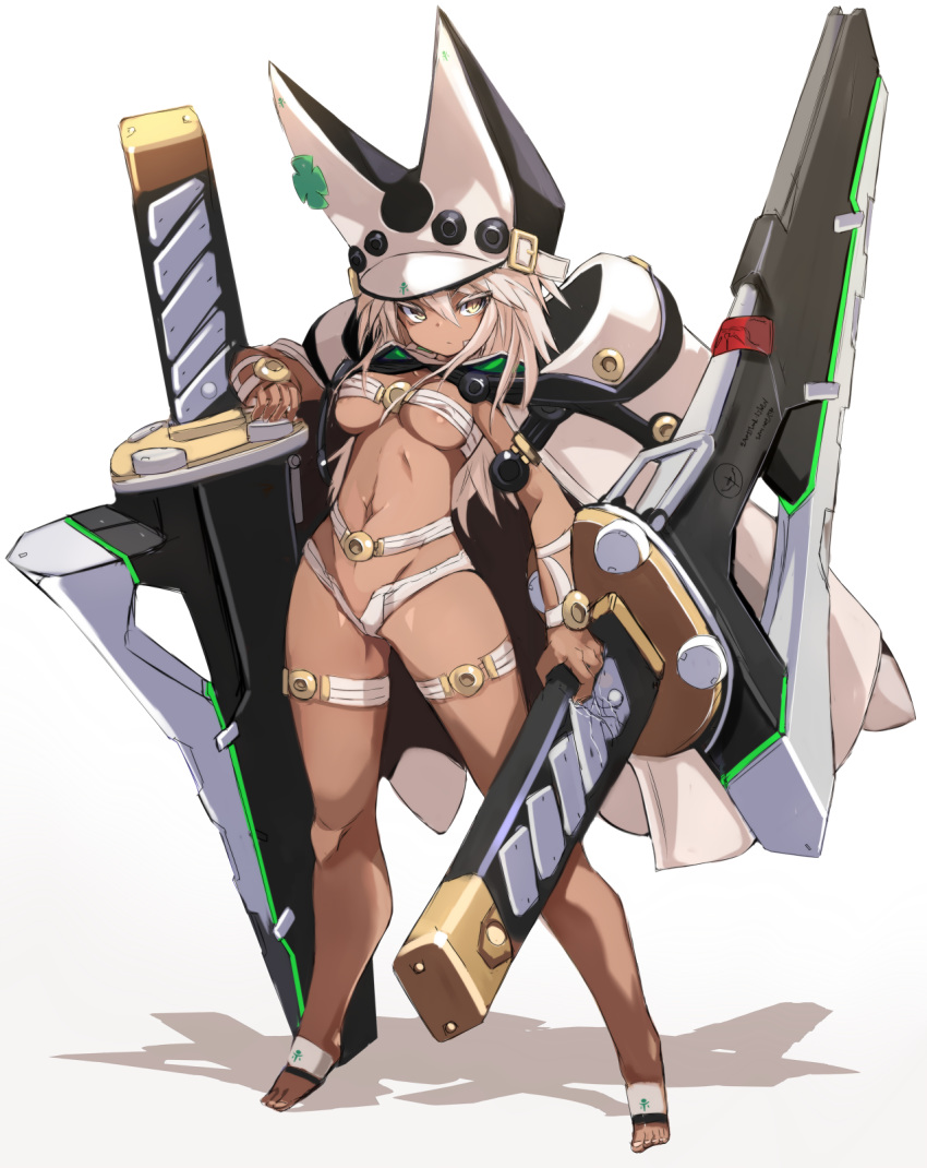 areola_slip areolae beltbra breasts brown_eyes closed_mouth clover commentary_request covered_nipples dark_skin four-leaf_clover guilty_gear hat highres holding holding_sword holding_weapon huge_weapon karukan_(monjya) large_breasts light_brown_hair long_hair looking_at_viewer micro_shorts navel ramlethal_valentine revealing_clothes short_shorts shorts solo standing sword thigh_strap toenails underboob weapon white_background white_hat white_shorts