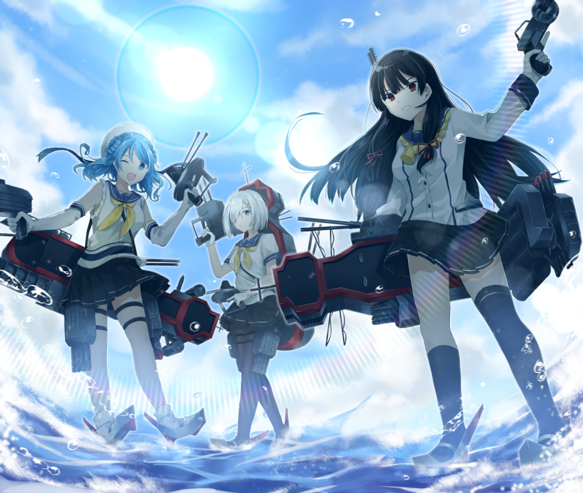 ;d asymmetrical_legwear black_hair black_legwear black_skirt blue_eyes blue_hair blush breasts cannon cloud commentary_request day double_bun elbow_gloves eyebrows_visible_through_hair floating_hair full_body gloves gun hair_ornament hair_over_one_eye hair_ribbon hairclip hamakaze_(kantai_collection) hat holding holding_gun holding_weapon isokaze_(kantai_collection) iuyu_(pixiv_32066694) kantai_collection kneehighs large_breasts long_hair long_sleeves looking_at_viewer machinery multiple_girls neckerchief one_eye_closed open_mouth outdoors pantyhose parted_lips pleated_skirt red_eyes remodel_(kantai_collection) ribbon rigging rudder_shoes school_uniform serafuku short_hair short_sleeves silver_hair single_kneehigh single_thighhigh skirt sleeves_rolled_up smile splashing standing standing_on_liquid sunlight thigh_strap thighhighs thighs torpedo_launcher tress_ribbon trigger_discipline urakaze_(kantai_collection) weapon white_gloves white_hat wind yellow_neckwear