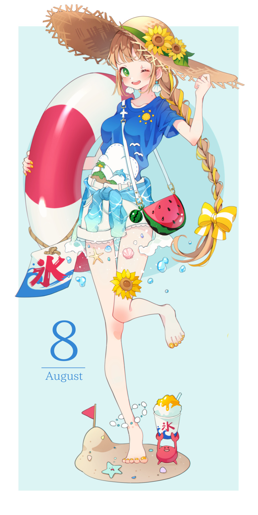 &gt;_&lt; :d ;d absurdres august bangs belt blue_background blue_shirt bow braid brown_hair calendar_(medium) clothes_around_waist collarbone commentary_request crab earrings flower food food_themed_bag fruit full_body green_eyes hair_bow hair_ribbon hat hat_flower highres holding jacket_around_waist jewelry kooribata lifebuoy long_braid long_hair mole mole_on_neck nail_polish one_eye_closed open_mouth original pennant print_shirt ribbon ribbon_braid round_teeth seashell_earrings shaved_ice shiraho_(color-56) shirt short_sleeves shorts sidelocks single_braid smile solo standing standing_on_one_leg starfish straw_hat striped striped_bow summer sunflower teeth toenail_polish upper_teeth watermelon xd yellow_bow yellow_nails yellow_ribbon