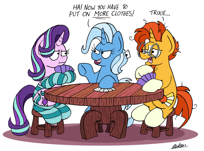 bobthedalek card clothing dialogue english_text equine eyewear female friendship_is_magic glasses group hi_res horn legwear male mammal my_little_pony playing_card poker simple_background sitting socks starlight_glimmer_(mlp) stool striped_legwear striped_socks stripes sunburst_(mlp) table text trixie_(mlp) unicorn white_background