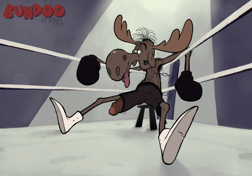 anthro boxers_(clothing) boxing bullwinkle_j_moose cervine clothed clothing humanoid_penis male mammal moose penis rocky_and_bullwinkle solo sport sweat tongue toony topless uncut underwear