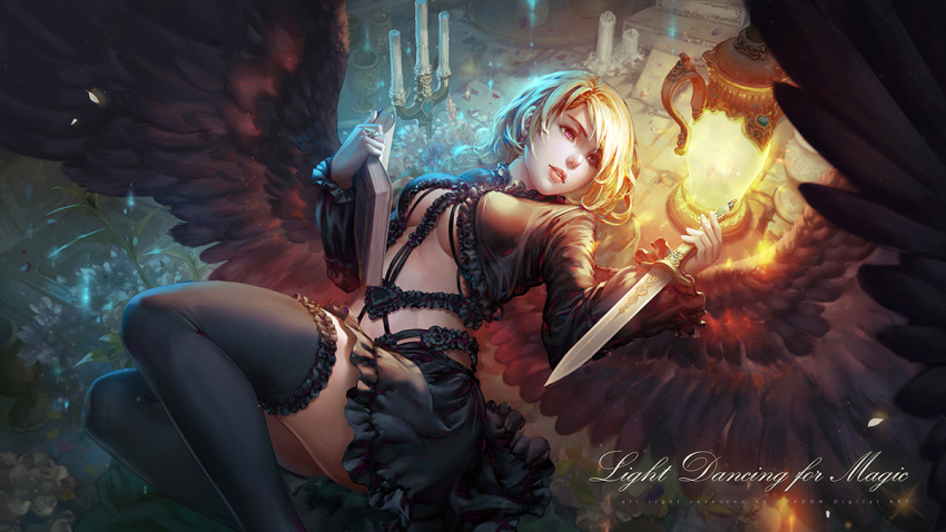 angel_wings antilous black_legwear black_skirt black_wings blonde_hair book breasts candle candlestand cleavage dagger english fantasy frills holding holding_book holding_dagger holding_weapon jewelry lantern long_sleeves looking_to_the_side lying medium_breasts midriff on_back open_book original parted_lips ring skirt thighhighs underboob urn weapon wings