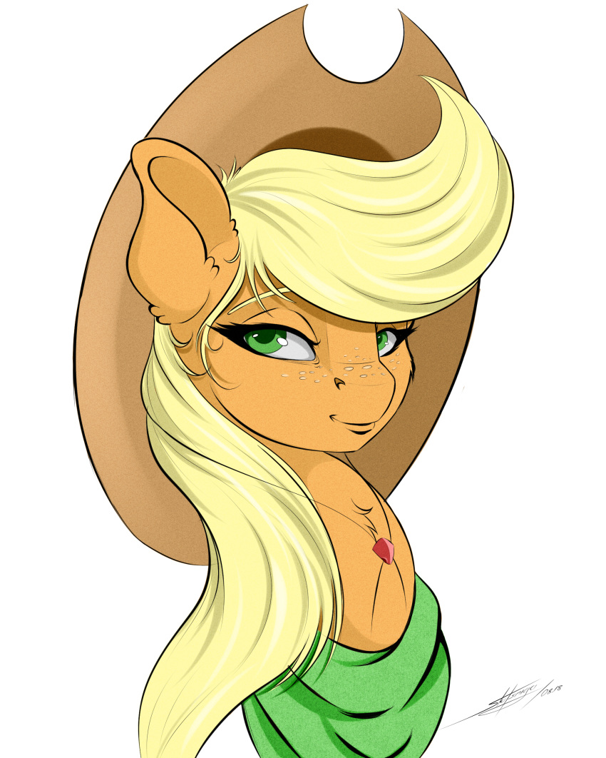 2018 applejack_(mlp) blonde_hair cowboy_hat equine female freckles friendship_is_magic green_eyes hair hat horse mammal my_little_pony pony portrait scarf skitsniga solo stetson