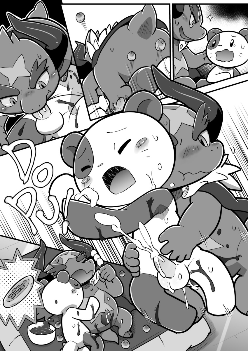 69_position abstract_background anal balls batzz_(buddyfight) bell black_and_white blush bowl cape chibi_panda_(buddyfight) clothing comic cuddling cum cum_drip cum_in_mouth cum_inside detailed_background dragon dripping drooling eyes_closed food food_play future_card_buddyfight male male/male monochrome ofuro onion oral orgasm penis pizza saliva sauce sex table takoyaki vegetable