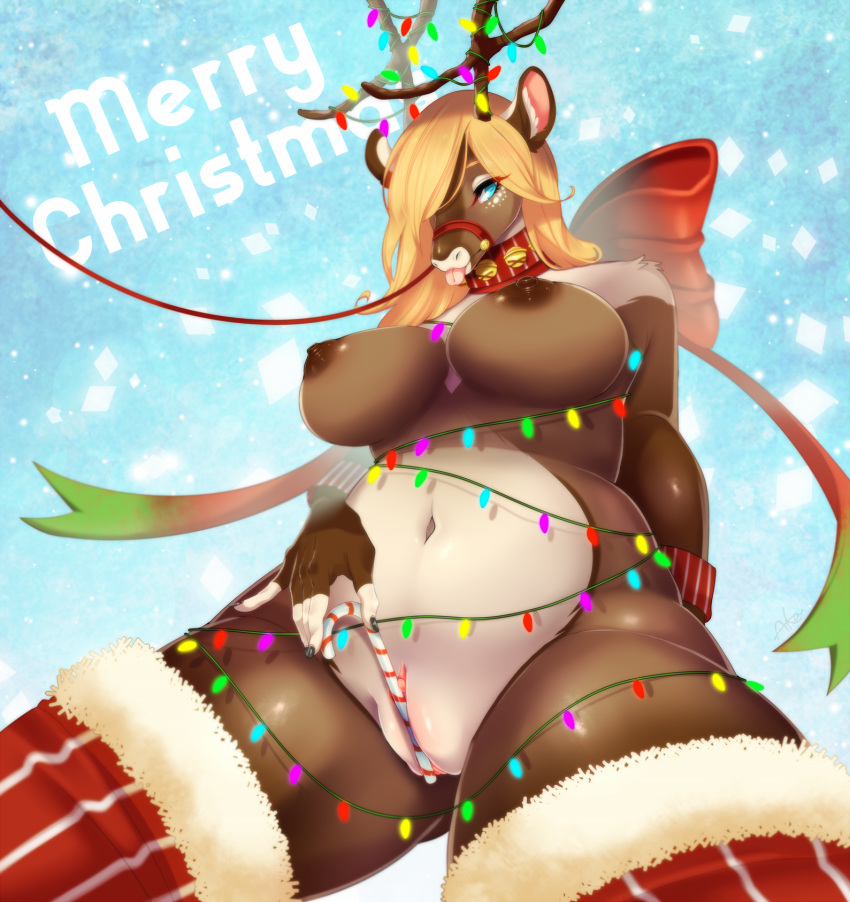 anthro antlers areola blep blonde_hair blue_eyes breasts candy candy_cane cervine christmas christmas_lights clothing female food hair hi_res holidays horn legwear low-angle_view mammal missaka mostly_nude navel nipples pussy reindeer smile solo tongue tongue_out