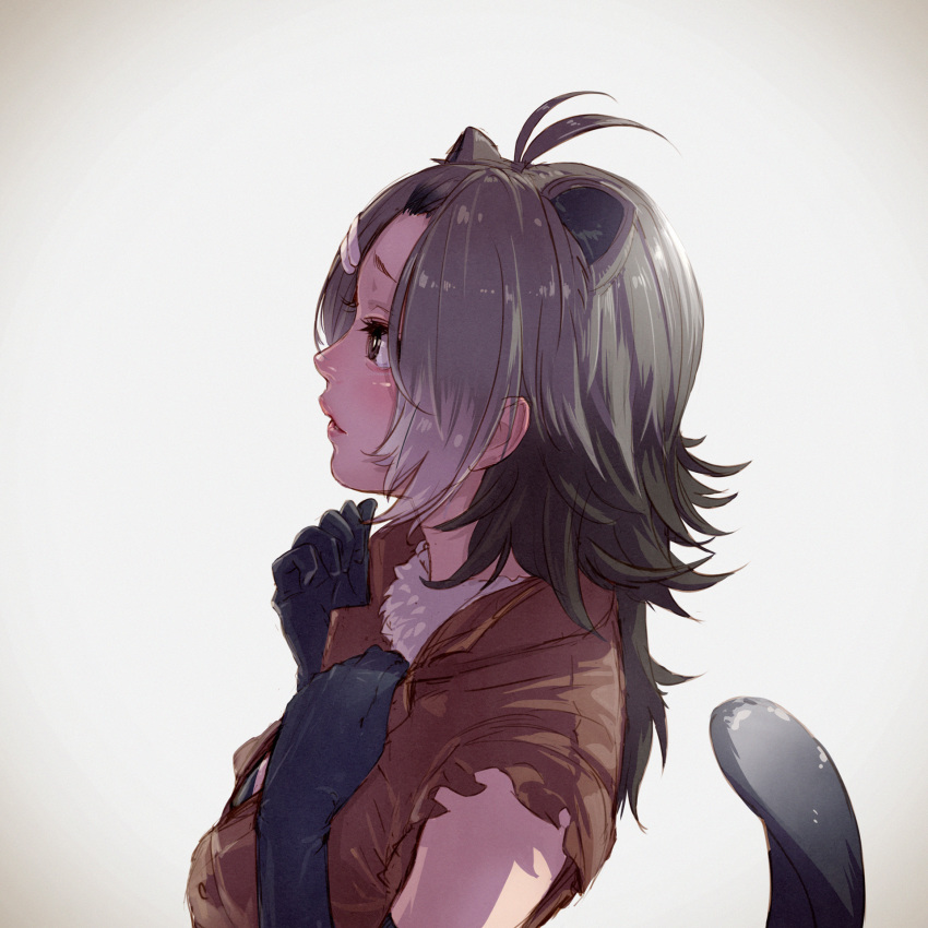american_beaver_(kemono_friends) animal_ears antenna_hair beaver_ears beaver_tail black_gloves black_hair bright_pupils brown_eyes elbow_gloves extra_ears from_side fur_collar gloves grey_hair hair_ornament hairclip highres kemono_friends long_hair multicolored_hair nose open_mouth profile realistic silver_hair solo tail tail_raised takami_masahiro white_pupils