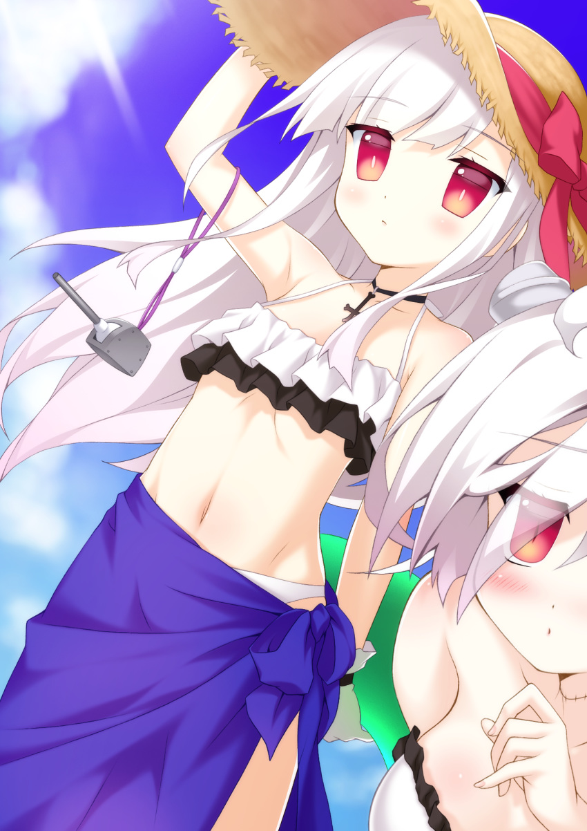 arm_up azur_lane bangs bare_arms bare_shoulders bikini blue_sky blush bow breasts closed_mouth cloud collarbone commentary_request day erebus_(azur_lane) eyebrows_visible_through_hair eyes_visible_through_hair fingernails groin hair_over_one_eye hand_on_headwear hat hat_bow highres long_hair medium_breasts multiple_girls navel outdoors red_bow red_eyes sarong silver_hair sky small_breasts stitches straw_hat swimsuit taira_takehiro terror_(azur_lane) very_long_hair white_bikini