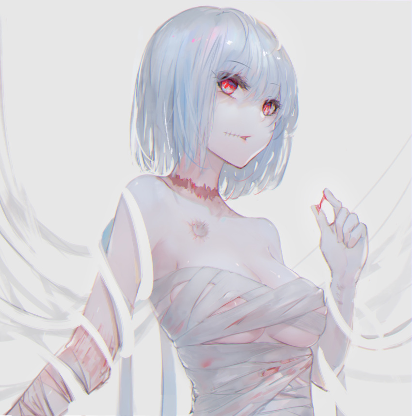 absurdres bandaged_arm bandages bangs blood blue_hair breasts commentary_request covered_nipples cuts eyebrows_visible_through_hair grey_background hair_between_eyes hand_up highres injury kisei2 looking_at_viewer medium_breasts naked_bandage original parted_lips red_eyes short_hair solo stitches