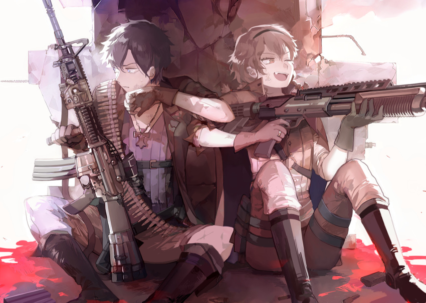 1girl assault_rifle ayatoki-1 black_hair blonde_hair blood braid commentary dirty fang gloves gun hairband highres holding holding_gun holding_weapon jewelry m16a4 one_eye_closed original rifle ring shotgun sitting twin_braids weapon weapon_request