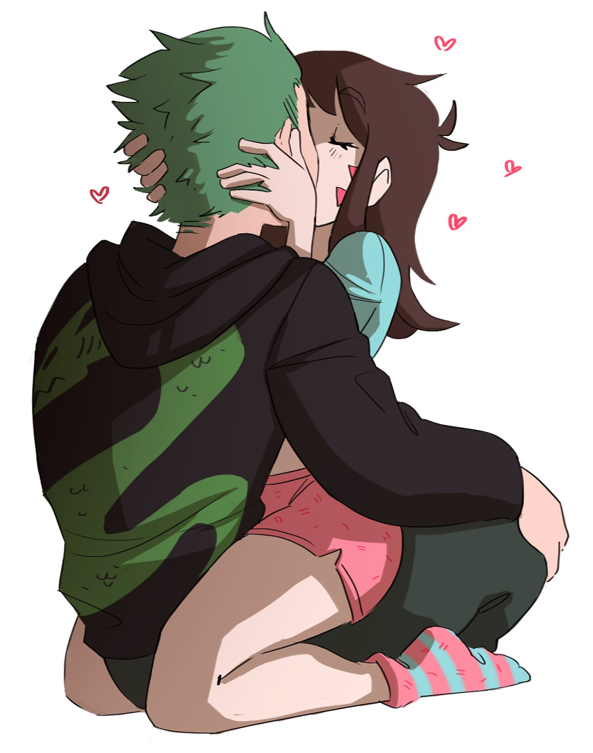 1boy 1girl brown_hair d.va_(overwatch) full_body genji_(overwatch) girl_on_top green_hair heart hood hoodie kiss overwatch pachastuff simple_background socks white_background younger