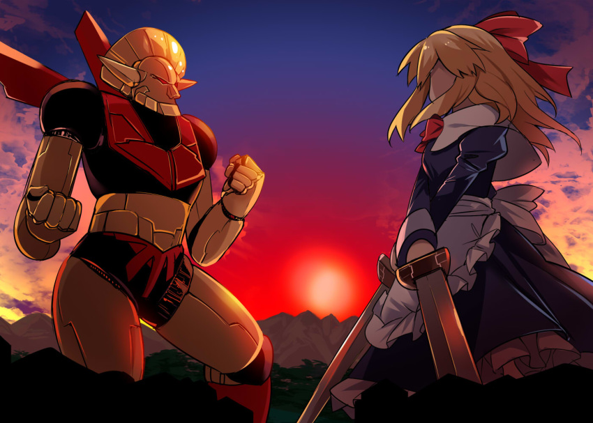 apron blonde_hair blue_dress blue_sky bow bowtie breasts capelet clenched_hands cloud commentary_request dress dual_wielding e.o. face-to-face faceless fighting_stance forest frilled_apron frills goliath_doll gradient_sky hair_bow hands_up hisou_tensoku holding holding_sword holding_weapon juliet_sleeves long_hair long_sleeves looking_at_another mecha medium_breasts mountain nature petticoat puffy_sleeves red_bow red_neckwear red_sky sidelocks sky standing sun sunset sword touhou waist_apron weapon white_apron white_capelet