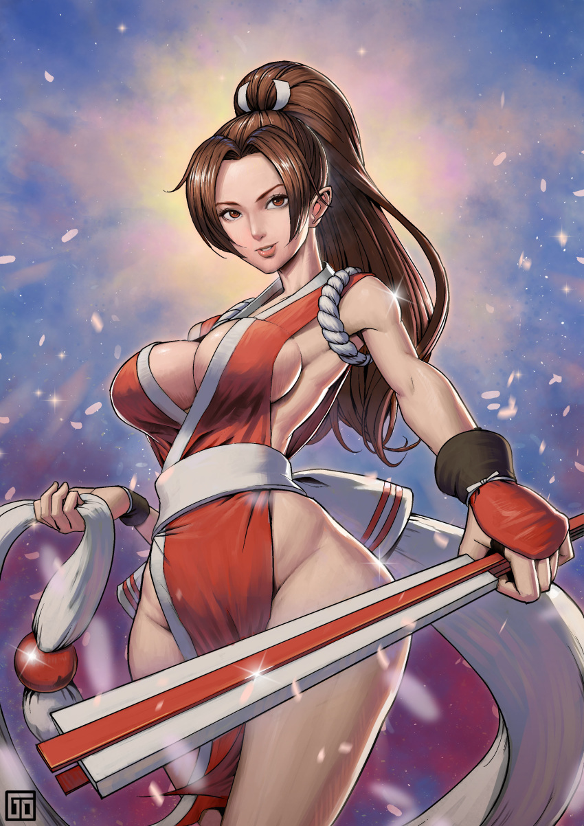 absurdres bare_shoulders breasts brown_eyes brown_hair cleavage closed_fan commentary_request fan fatal_fury folding_fan goodotaku highres japanese_clothes large_breasts long_hair pelvic_curtain ponytail revealing_clothes shiranui_mai smile snk solo sparkle standing the_king_of_fighters watermark