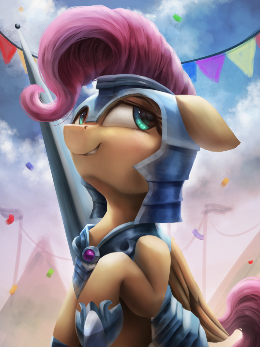 2018 absurd_res alternate_hairstyle armor clothed clothing cloud cute detailed_background equine eyebrows eyelashes feathered_wings feathers female feral floppy_ears fluttershy_(mlp) friendship_is_magic grin hair helmet hi_res hooves lance looking_away mammal my_little_pony outside pegasus pink_hair portrait raised_leg sky smile solo teal_eyes teeth vanillaghosties wings yellow_feathers
