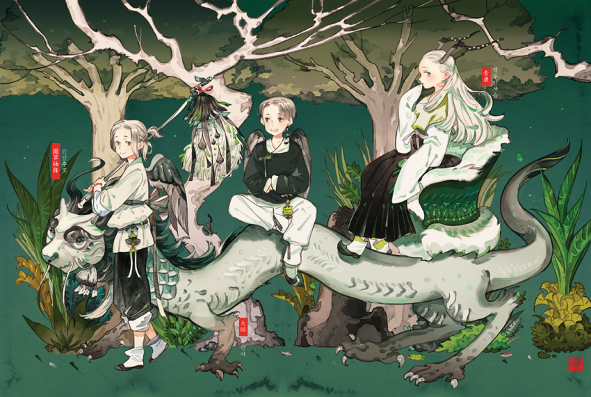 2girls :d black_skirt black_wings blush chair crossed_arms dragon eastern_dragon fantasy garden grey_hair hand_up horns long_sleeves looking_at_viewer multiple_girls on_animal open_mouth original outdoors over_shoulder pants sitting skirt sleeves_past_fingers sleeves_past_wrists smile standing tree white_footwear white_hair white_pants wings zzinp
