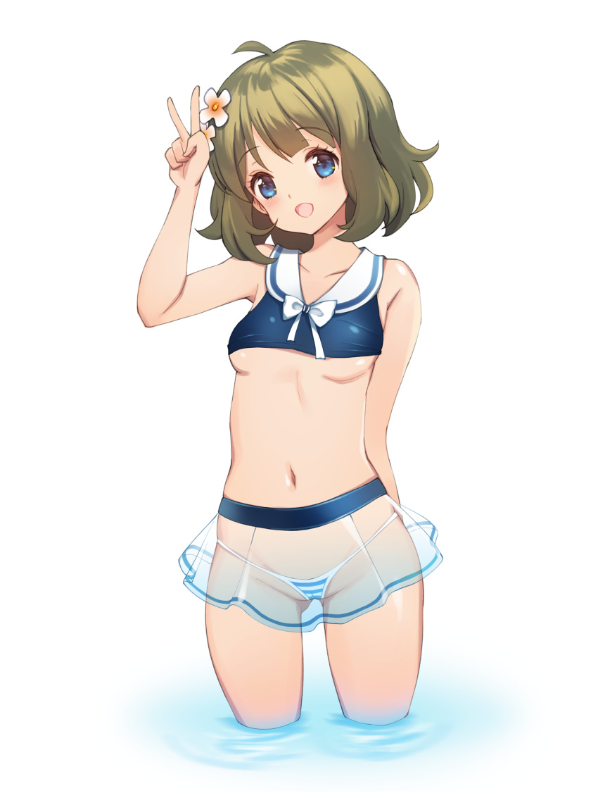 :d ahoge arm_behind_back arm_up ass_visible_through_thighs bikini blue_eyes blush bow bowtie breasts brown_hair cameltoe collarbone flower hair_flower hair_ornament head_tilt highres idolmaster idolmaster_million_live! looking_at_viewer micro_bikini mismatched_bikini navel open_mouth pleated_skirt sailor_bikini sailor_collar see-through shiny shiny_clothes shiny_skin simple_background skirt small_breasts smile solo standing string_bikini striped striped_bikini_bottom suou_momoko swimsuit toriseru_(thesuperhero) underboob v wading water