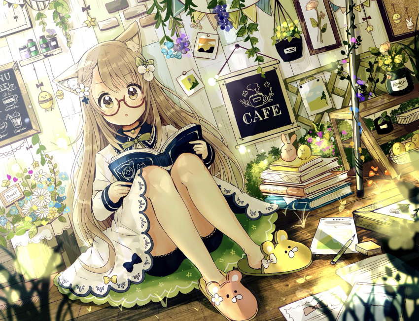 :o animal_ears animal_slippers black_bow black_shorts blue_flower blurry blurry_foreground blush book bookmark bow brown_footwear cat_ears commentary depth_of_field dress dutch_angle english_commentary flower glasses hair_bow hair_flower hair_ornament highres holding holding_book indoors light_brown_hair long_hair long_sleeves looking_at_viewer mismatched_footwear open_book original paper parted_lips pennant red-framed_eyewear sakura_oriko semi-rimless_eyewear short_shorts shorts shorts_under_dress sitting sketch slippers solo star string_of_flags under-rim_eyewear very_long_hair white_dress white_flower yellow_eyes yellow_flower yellow_footwear