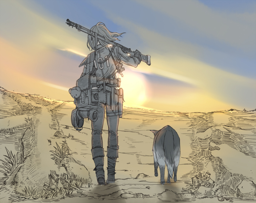 backpack bag commentary dog dogmeat facing_away fallout_3 gun holding holding_gun holding_weapon jumpsuit limited_palette lone_wanderer outdoors over_shoulder rifle sky stuffed_animal stuffed_toy sunset teddy_bear walking weapon yana_yana
