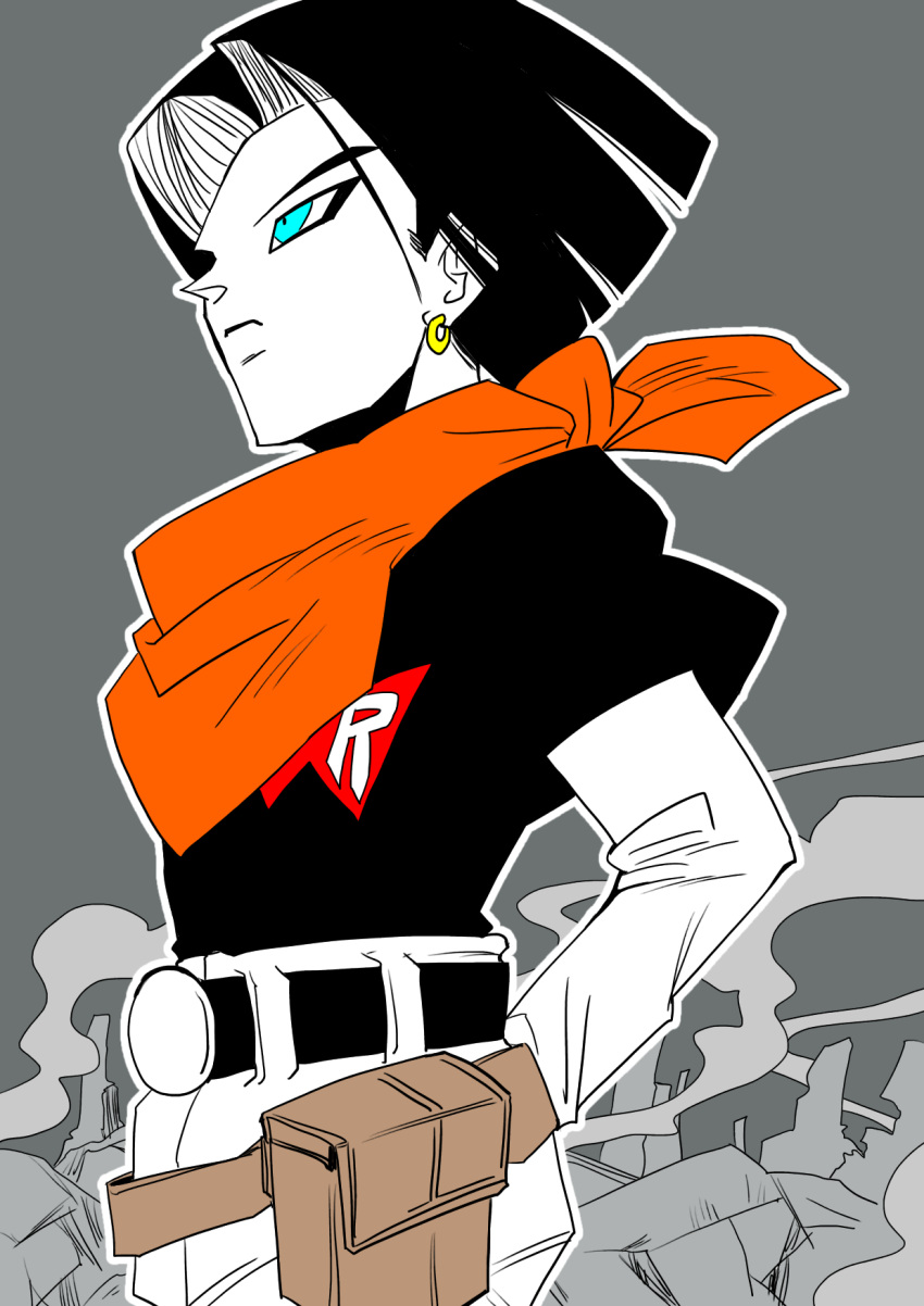 android_17 aqua_eyes bag belt black_hair black_shirt denim dragon_ball dragon_ball_z earrings expressionless fanny_pack grey_background hand_in_pocket highres jeans jewelry long_sleeves looking_away male_focus neckerchief orange_neckwear pants red_ribbon_army rubble shirt short_hair smoke solo tetsuyo upper_body white_background