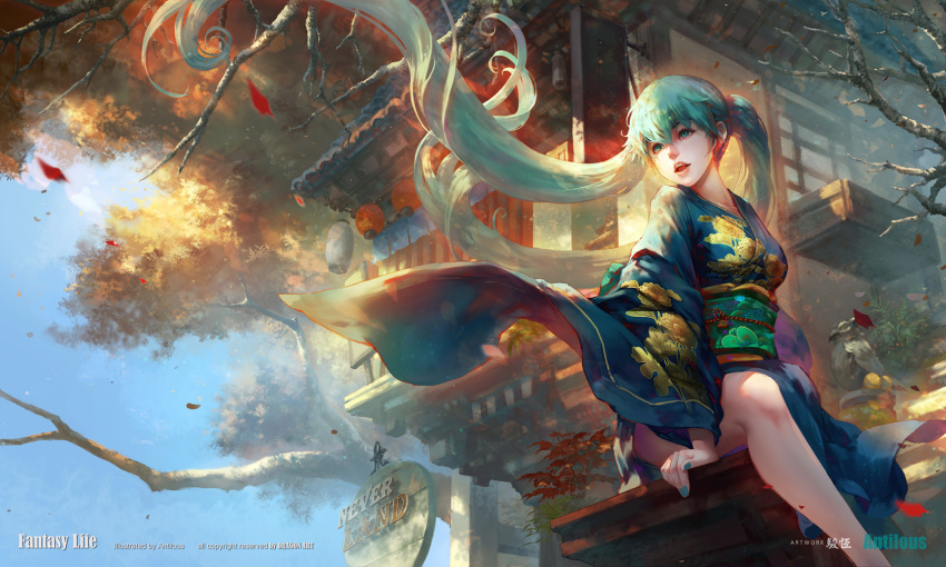 :o antilous aqua_eyes aqua_hair architecture autumn_leaves blue_nails blue_sky day east_asian_architecture floral_print hatsune_miku highres japanese_clothes kimono lantern leaf long_hair looking_at_viewer nail_polish open_mouth outdoors paper_lantern sitting sky solo statue twintails very_long_hair vocaloid watermark