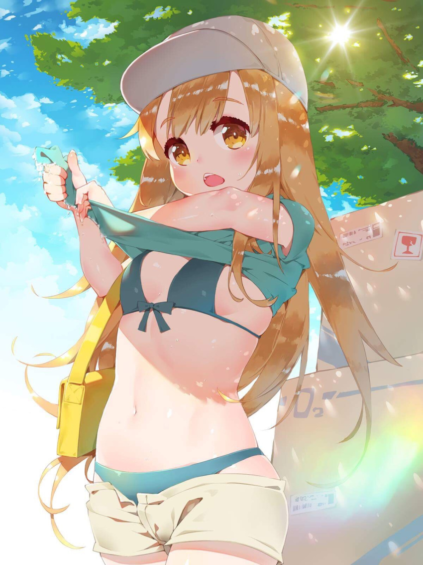 aqua_bikini aqua_bow aqua_shirt bag bangs baseball_cap bikini blue_sky blush bow box breasts brown_eyes cloud cloudy_sky cowboy_shot d: day hat hataraku_saibou highres lifted_by_self light_brown_hair long_hair looking_at_viewer navel open_mouth outdoors platelet_(hataraku_saibou) shirt shirt_lift short_shorts shorts sideboob sky small_breasts solo swimsuit tree tree_shade waterring wringing_clothes