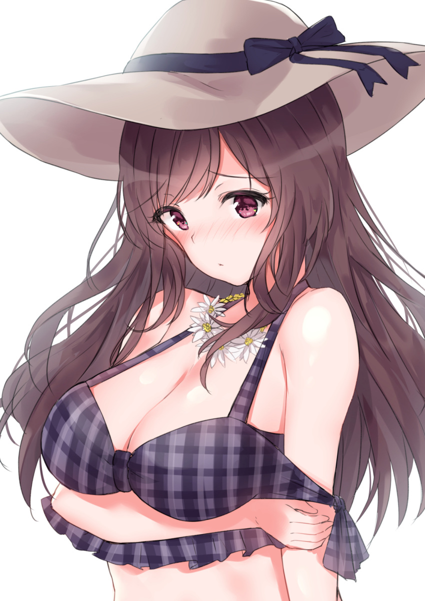arm_under_breasts bangs bikini blush breast_hold breasts brown_eyes brown_hair cleavage closed_mouth commentary_request flower flower_necklace frown hat hat_ribbon highres idolmaster idolmaster_shiny_colors jewelry large_breasts long_hair looking_at_viewer minikon necklace nose_blush plaid plaid_bikini ribbon solo swept_bangs swimsuit tsukioka_kogane upper_body white_background