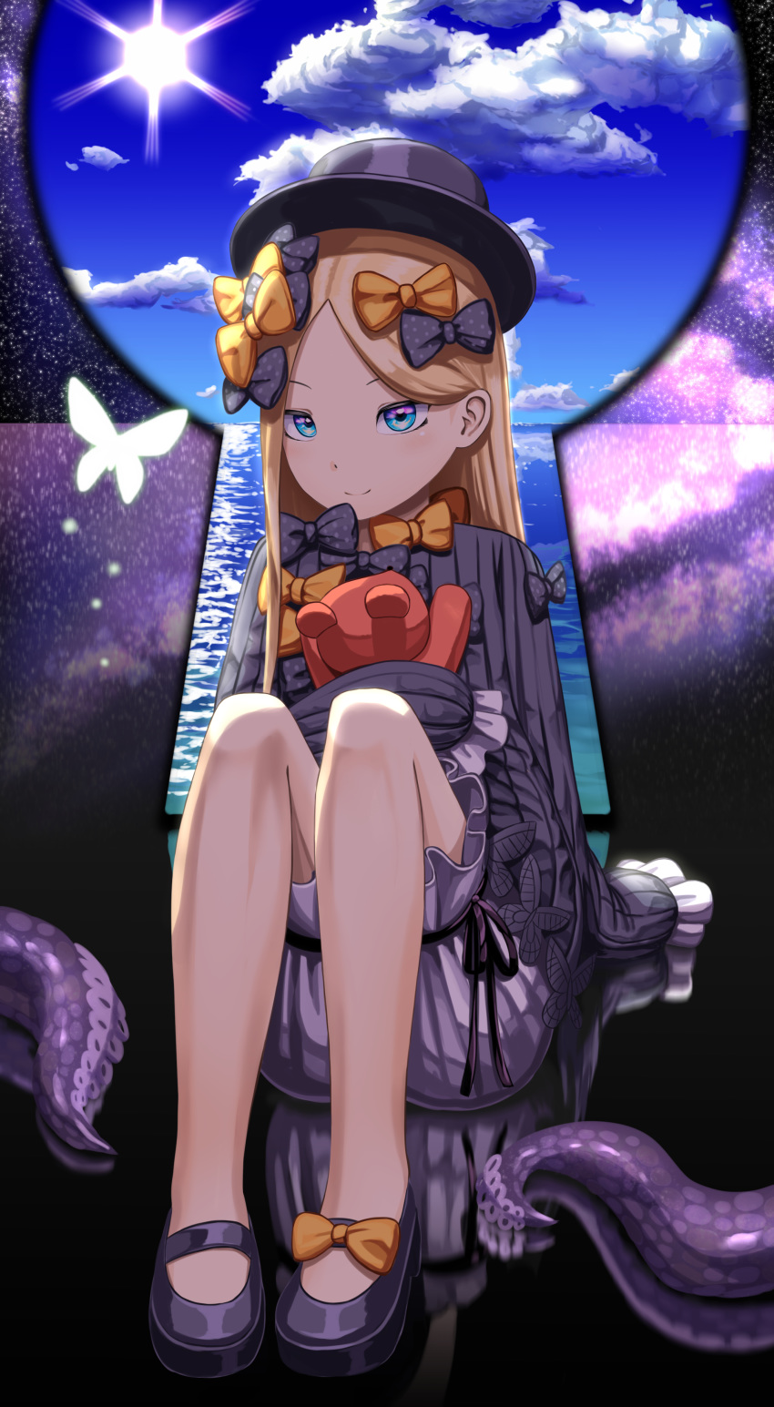 &gt;:) abigail_williams_(fate/grand_order) absurdres bangs black_bow black_dress black_footwear black_hat blonde_hair bloomers blue_eyes blue_sky blush bow bug butterfly closed_mouth cloud commentary_request day dress fate/grand_order fate_(series) forehead hair_bow hat highres horizon insect keyhole long_hair long_sleeves mary_janes object_hug ocean orange_bow parted_bangs polka_dot polka_dot_bow reflection sanbe_futoshi shoes sitting sky sleeves_past_fingers sleeves_past_wrists smile solo stuffed_animal stuffed_toy suction_cups sun sunlight teddy_bear tentacles underwear v-shaped_eyebrows very_long_hair water white_bloomers