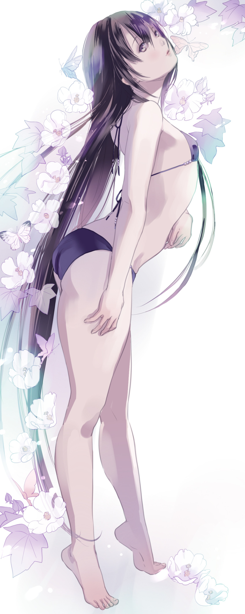 absurdres arched_back ass bare_shoulders barefoot bikini black_hair brown_eyes crossdressing flower fuuchouin_kazuki getbackers highres hirai_chika lips long_hair looking_at_viewer looking_back male_focus otoko_no_ko parted_lips solo swimsuit tiptoes white_background