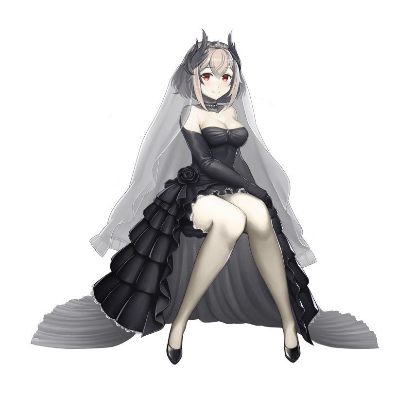 azur_lane bangs bare_shoulders black_gloves black_hair black_wedding_dress blush breasts bridal_veil bride choker cleavage closed_mouth commentary_request elbow_gloves eyebrows_visible_through_hair gloves grey_hair hair_between_eyes highres jchoy looking_at_viewer medium_breasts multicolored_hair roon_(azur_lane) short_hair simple_background smile solo streaked_hair veil white_background