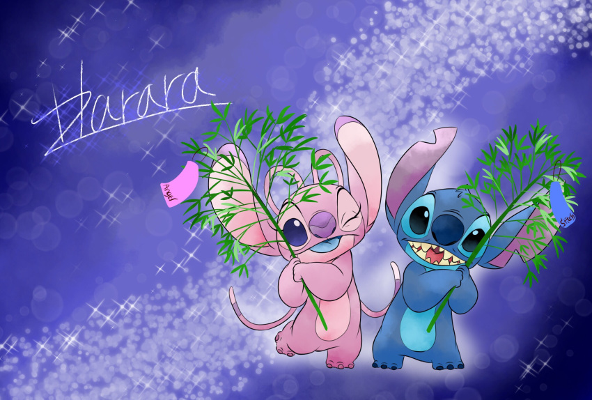 2018 alien angel_(lilo_and_stitch) antennae blue_eyes blue_fur blue_nose blue_tongue character_name disney duo experiment_(species) fur harara head_tuft hi_res holding_plant lilo_and_stitch looking_at_viewer notched_ear one_eye_closed one_leg_up open_mouth open_smile pink_fur plant purple_background purple_eyes purple_nose signature simple_background smile sparkles stitch tanabata wink